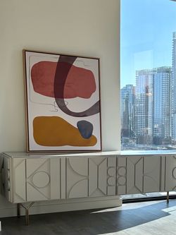 West Elm Abstract Canvas Art with Natural Wood Floating Frame