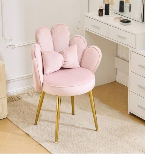 Petal Makeup Vanity Chair with Back,Flower Cute Girls Desk Chair Comfy No Wheels,Modern Dining Chair,Small Accent Chair with Adustable Gold Legs&Bow P