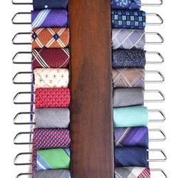 Umo Lorenzo Premium Wooden Necktie and Belt Hanger, Walnut Wood Center Organizer and Storage Rack with a Non-Slip Finish - 20 Hooks (Wooden)

