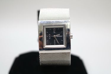 Ladies DKNY Black Square Dial Mesh Stainless Steel Silver Tone Bracelet Watch