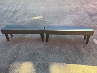 2)blue wooden benches