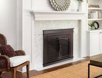 New Pleasant Hearth Fenwick Glass Fireplace Doors, Size Adjustable Small, Ember Control Technology