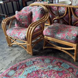 VINTAGE RATTAN CHAIR & OTTOMAN