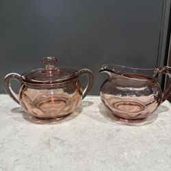  Vintage Signed Heisey Glass Flamingo Pink Yeoman Cream & Sugar Set 