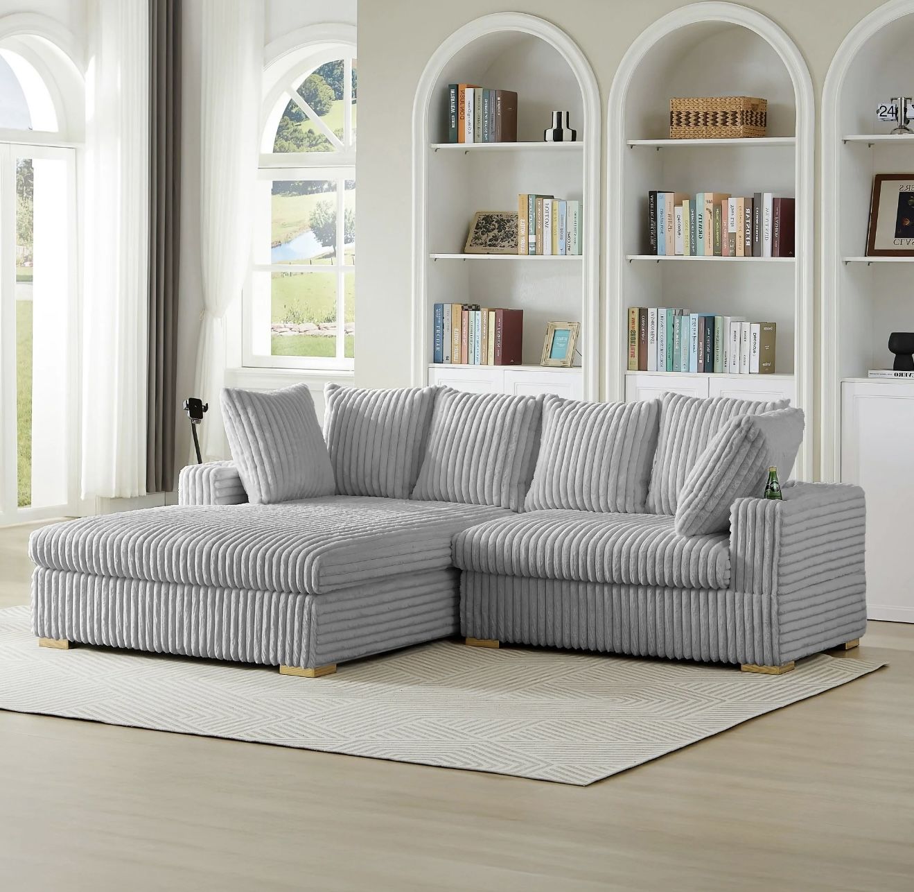 New Light Gray Corduroy Sectional Sofa With Chaise, Free Delivery ✅ Modern Corduroy Sofa Multiple Color Options