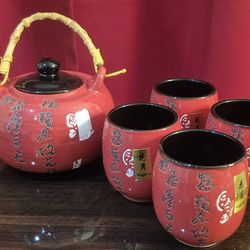 New Red Tea Pot & 4 Tea Cups