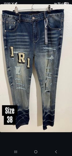 AMIRI BLUE DISTRESSED LETTER PATCH DENIM JEANS NEW COLLECTION