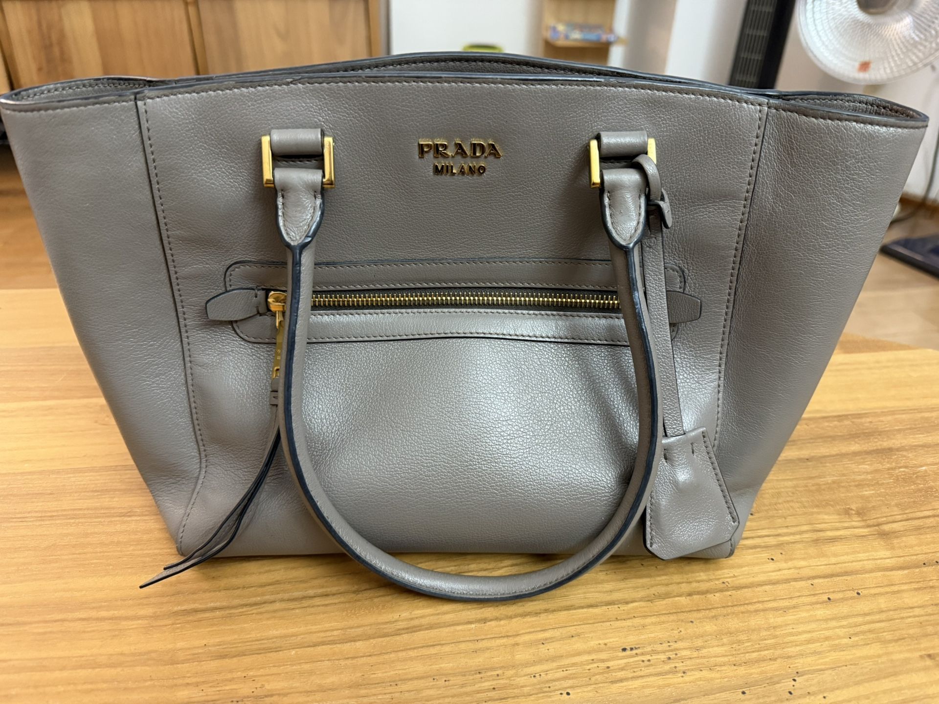 Prada Glace Calf Double Zip Tote, color Argilla (gray), model 1BG227