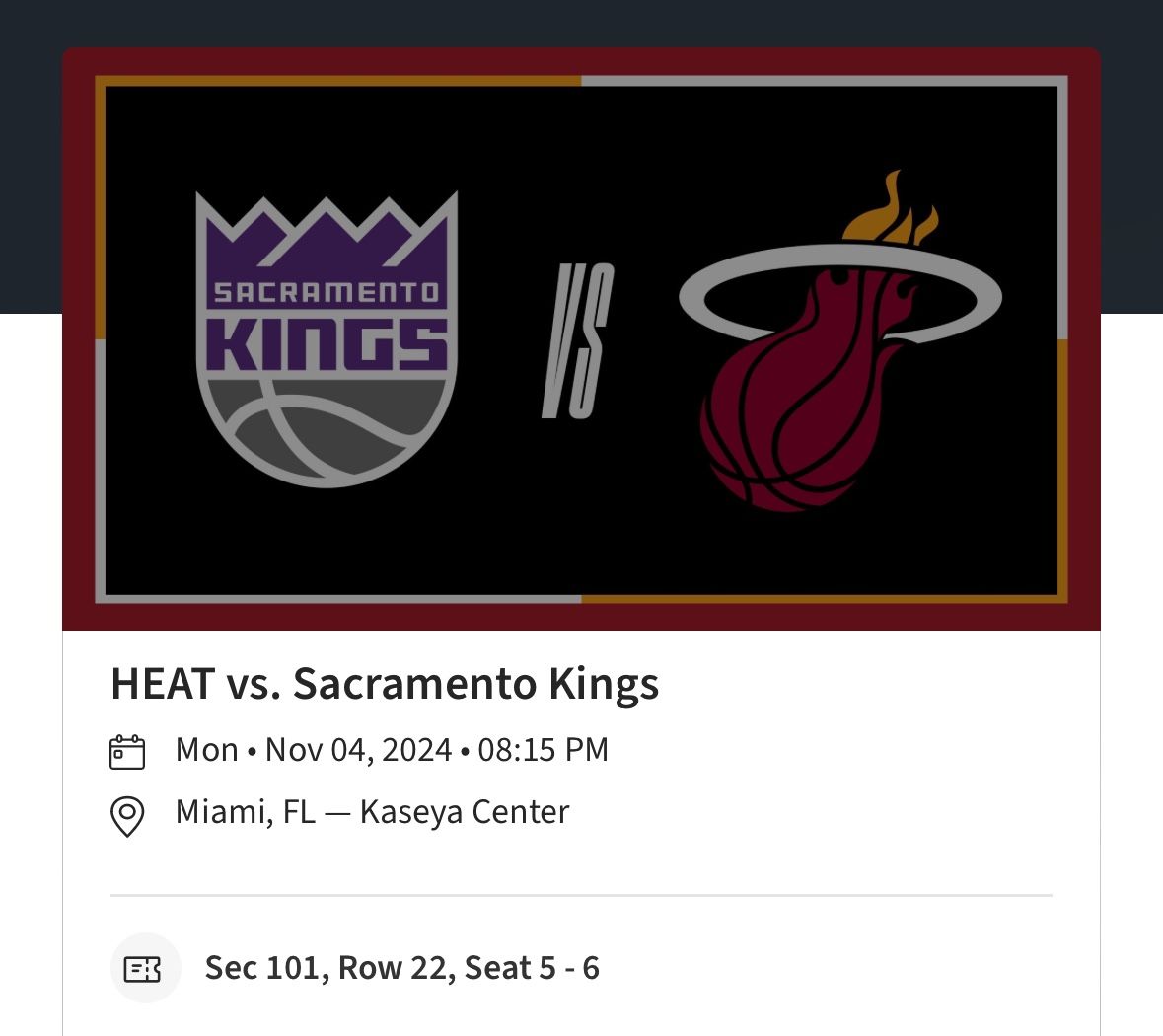 Miami Heat Vs Sacramento Kings Lower Level Section 101 $200 For The Pair 