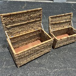 $40 for both! Two Boho Coastal Wicker Hyacinth Rattan Woven Nesting Storage Chest Boxes!  25x14x14in 22x11x11in