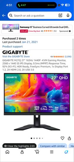 Gigabyte QHD 165Hz Gaming Monitor
