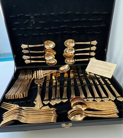 Oxford Hall Towle Gold Plated Flatware Set. Service for 12. Made in Japan. Located in Jupiter.