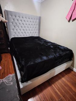 Queen bed frame gray silver velvet with mattress set
