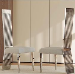 White and Silver Dining Chairs, Upholstered Boucle Dining Chairs with Slatted Chrome Mirrored High Back and Legs, Modern Kitchen Room Chairs Set of 2