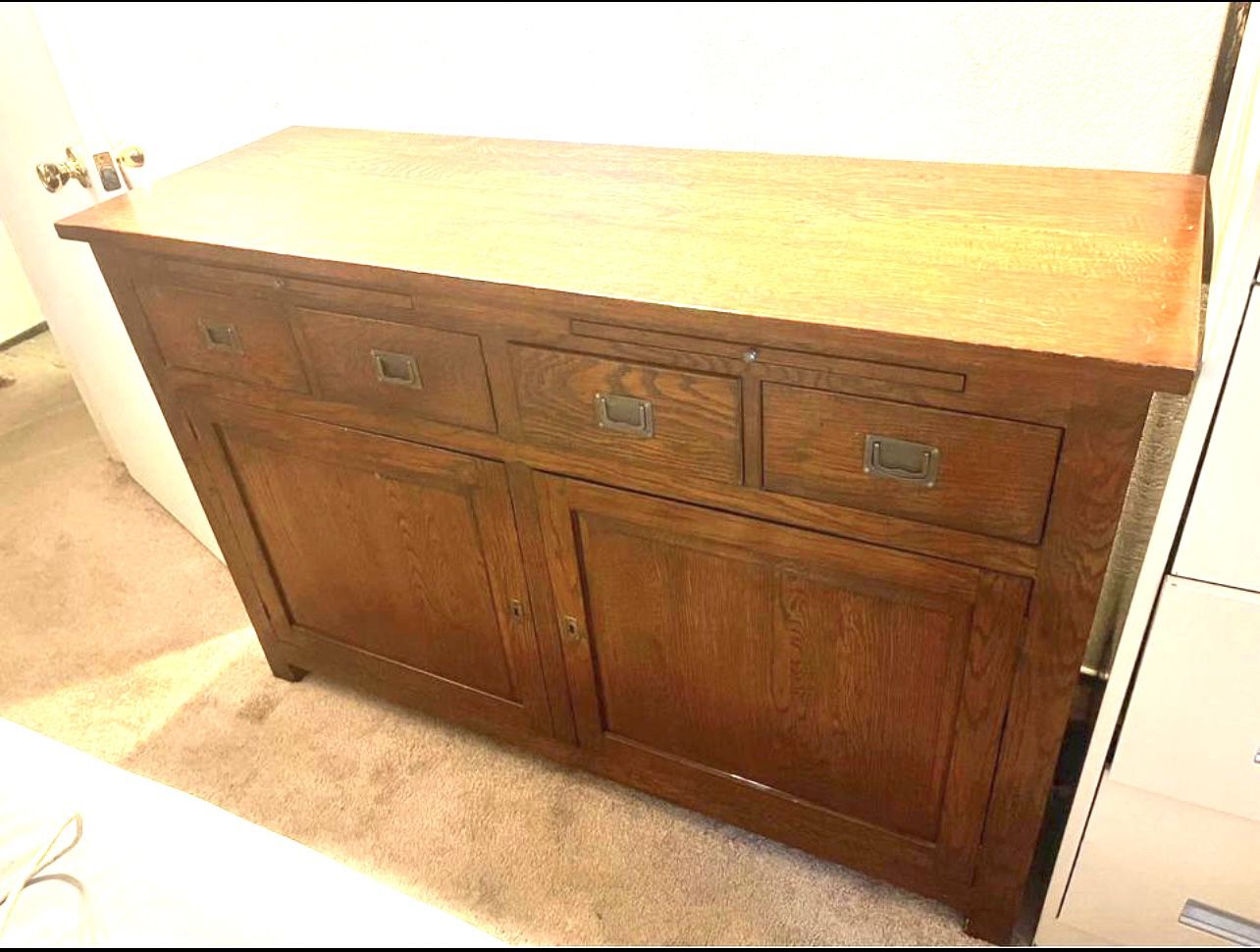 Mid Century Dark Brown Wood Cabinet Buffet Sideboard Locking Drawers and Sliding Trays Very Rare! Comes with a set of keys In wonderful condition! 68”