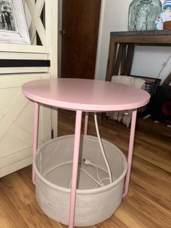 CUTE Side Table with Charging Station, or Round End Table with Fabric Basket, Nightstand with Power Outlets, USB Ports
