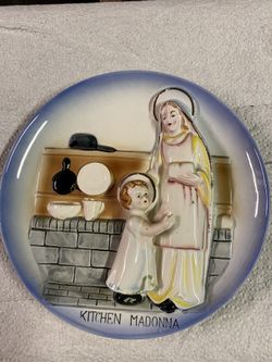 Porcelain Madonna of the Kitchen Wall Plaque 1950s Vintage Christian Mary Japan