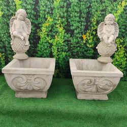 Old World Concrete Planters And Cherubs 