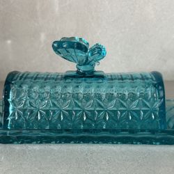 Vintage Circleware Teal Glass Butterfly Butter Dish