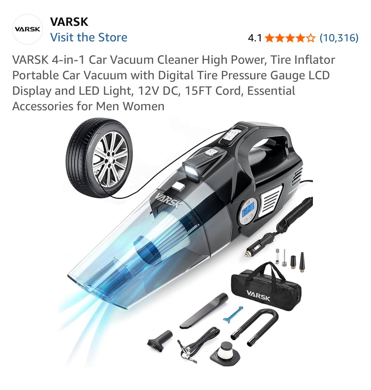 VARSK 4-in-1 Car Vacuum Cleaner High Power, Tire Inflator Portable Car Vacuum with Digital Tire Pressure Gauge LCD Display and LED Light, 12V DC, 15FT