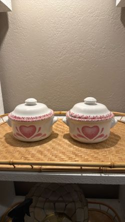 Vintage Pink Heart Ceramic Covered Dishes (Set of 2)