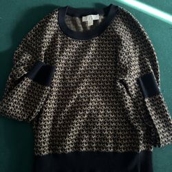 Michael Kors MK Monogram Sweater Women’s Large – Black Tan Logo Pullover Knit Top 