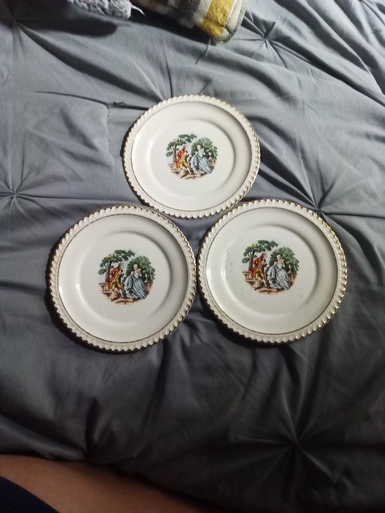Harker Pottery 22 kt. Gold Rim Salad Dessert Plates 3 Plates Victorian Courting Couple