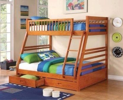 Brand New Rich Honey Twin/Full Bunk Bed with Storage Drawers