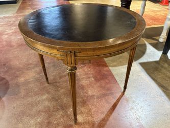 HERITAGE Black Leather Top Neoclassical Card Table w/ Pull-Out Drink Holders