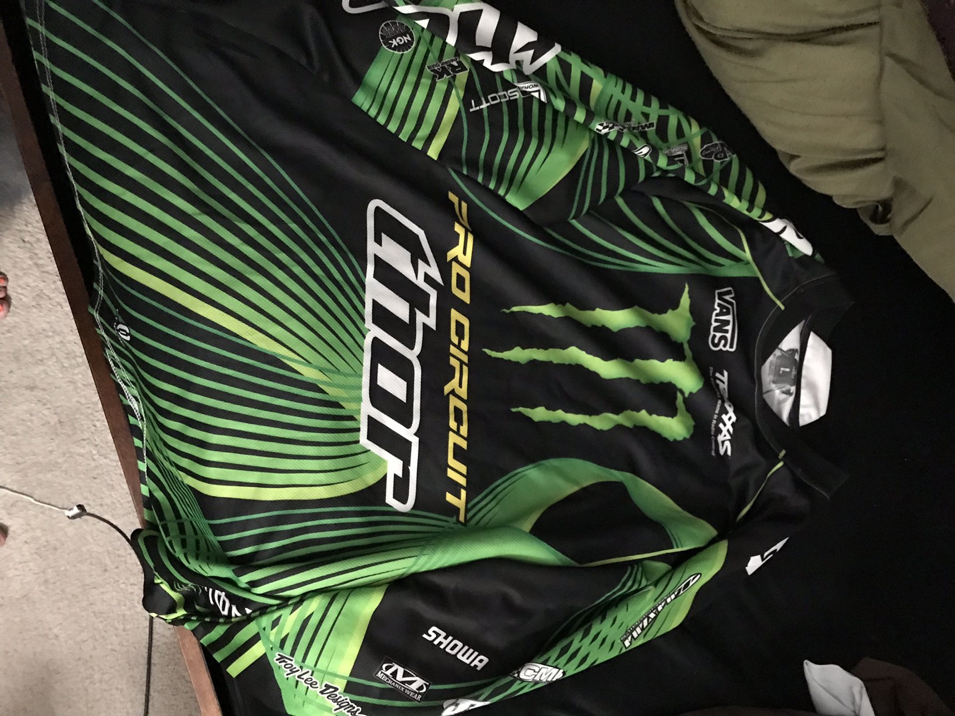 Large monster Kawasaki green motorcycle racing shirt.