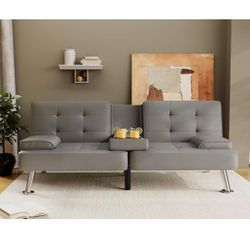 Futon Sofa Bed Modern Folding Futon Set PU Leather Convertible Recliner Lounge for Living Room with 2 Cup Holders, Removable Armrests (PU Leather, Gre
