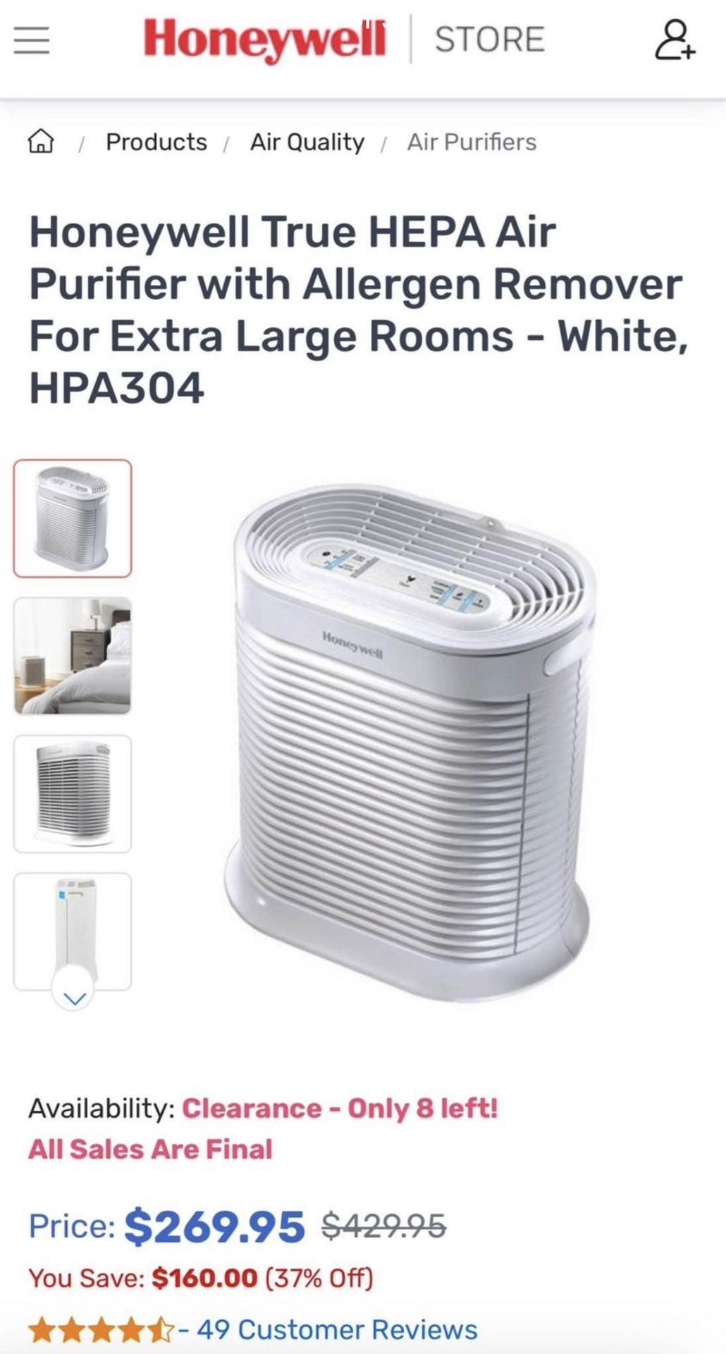 NEW / In Box: Honeywell True HEPA Air Purifier w/ Allergen Remover For Extra Large Rooms - White