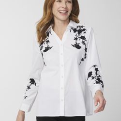 Chico’s White, Long-Sleeved Shirt with Black Embroidered Flowers. Size 3