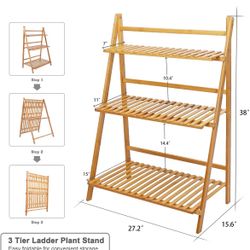 NEW In Box Bamboo Plant Stand Shelves Foldable Ladder Style 3 Tiers Freestanding