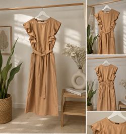 Beige Midi Dress with Ruffle Sleeves & Pockets – Size 2XL, Fits XL–2XL