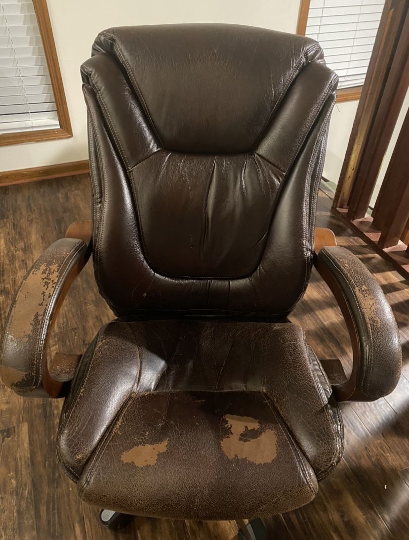 Solid Wood And Brown Leather Computer Chair 