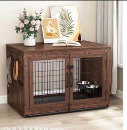 #Dog Crate Furniture with 360°Rotatable Removable Dog Bowls, Dog Crate End Table  New in box