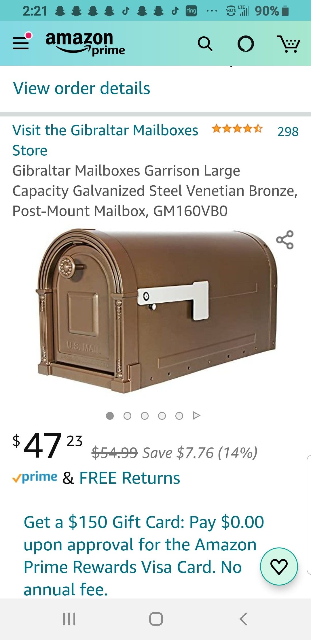 Gibraltar Mailboxes Garrison Large Capacity Galvanized Steel Venetian Bronze, Post-Mount Mailbox measures approximately 9.2" H x 7.6" W.