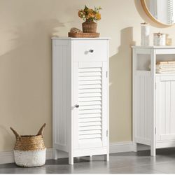 Bathroom Floor Storage Cabinet, Freestanding Side Table Storage Organizer Unit with Drawer and Single Shutter Door, D11.8xW12.6xH34.3 Inches