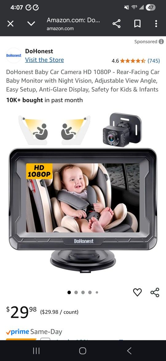 DoHonest Baby Car Camera HD 1080P - Rear-Facing Car Baby Monitor with Night Vision, Adjustable View Angle, Easy Setup, Anti-Glare Display, Safety