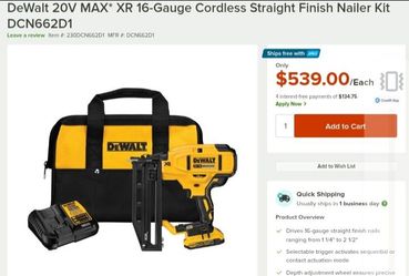 DEWALT DCN680D1 20V MAX* XR® 18 GA Cordless Brad Nailer Kit