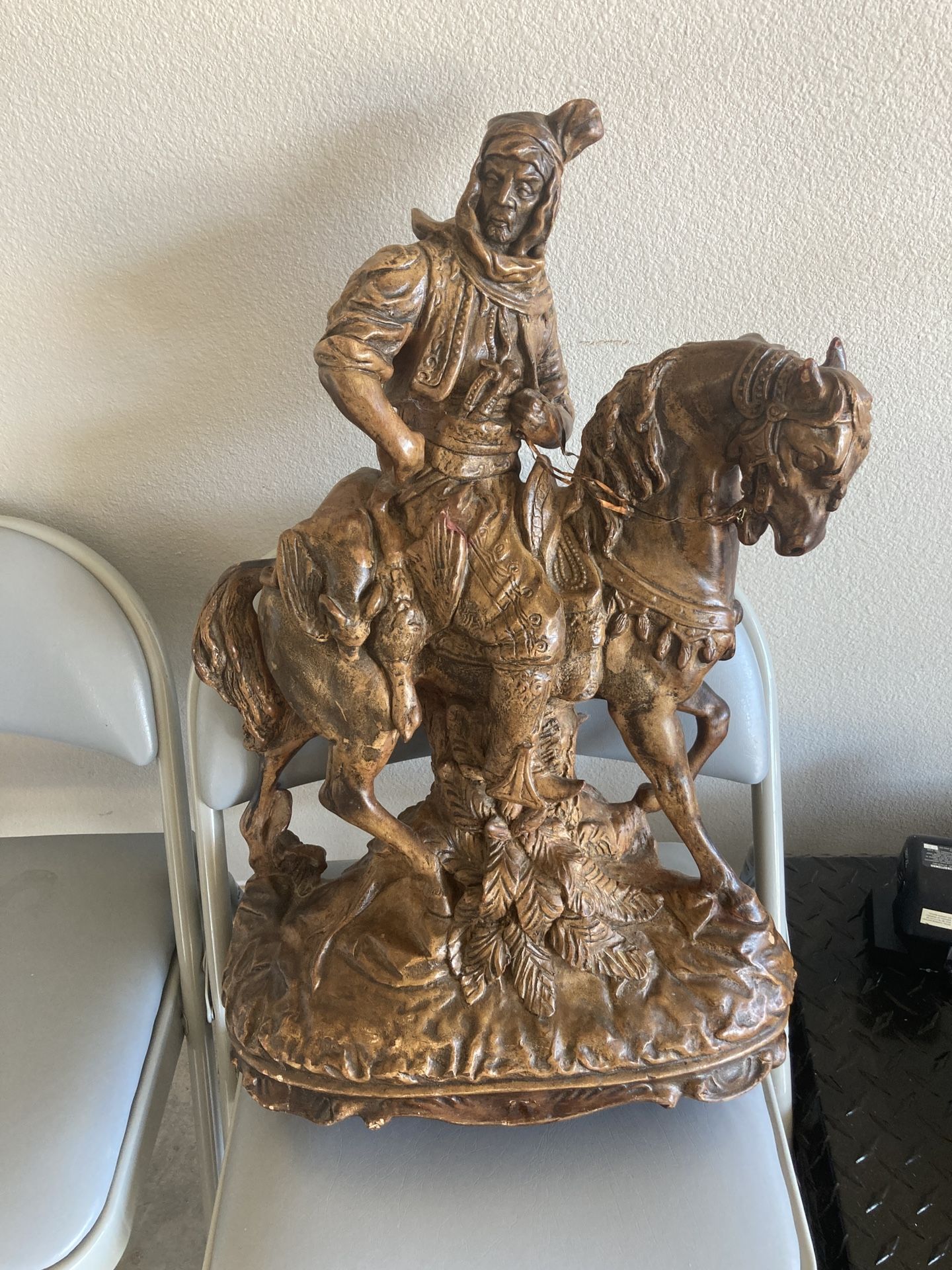 Antique Art sculpture of a person on horseback titled 'Arab Horseman'. Made Of Resin. 25”x15”