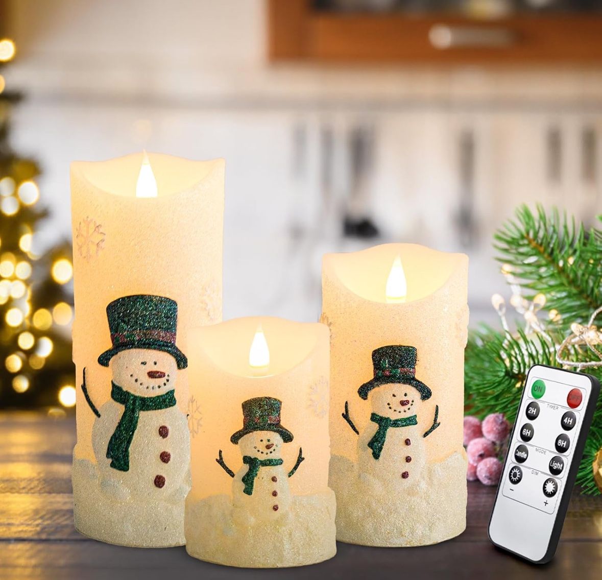 Flameless Candle Sets for Christmas Gift 3 Pack, Battery Operated Pillar Candles with Snowman Pattern,Christmas Decoration Candles Sets 5 inch 6 inch 