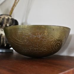Antique Chinese Brass Bowl with Etched Carvings, Dragon & Phoenix, 1800s