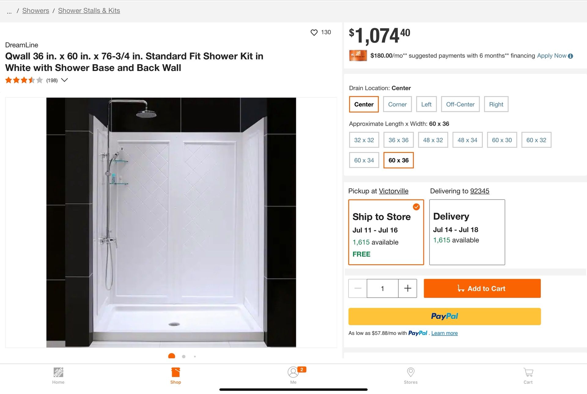 Hi everyone we have this shower set walls. And base good quality size 36 in x 60 w x 76 3/4 H only $1174 here only $800 no tax new in box Al’so we