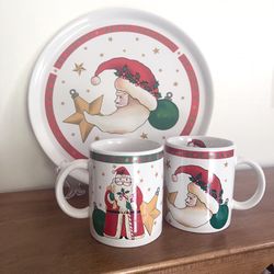 Vintage 90s Celestial Santa Ceramic Serving Platter and Mugs