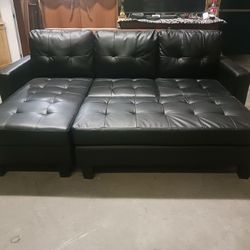 Black Leather L Shaped Sectional Couch with Chaise Lounge and Ottoman