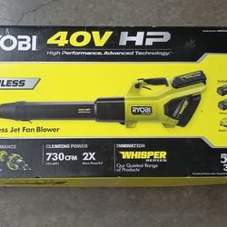 NEW RYOBI 40V HP BRUSHLESS WHISPER SERIES 730CFM CORDLESS BATTERY JET FAN LEAF BLOWER KIT WITH TWO BATTERIES 