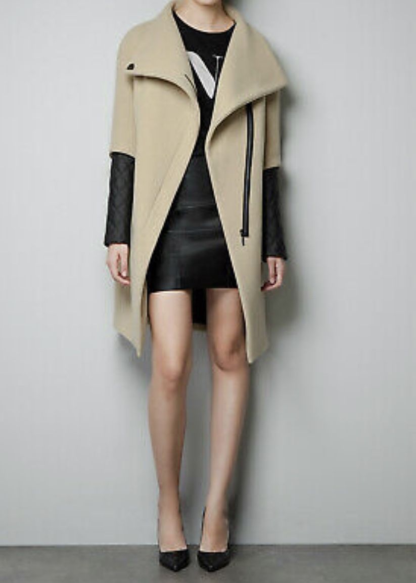 ZARA Size Small COAT CAMEL QUILTED FAUX LEATHER WOOL BLAZER JACKET