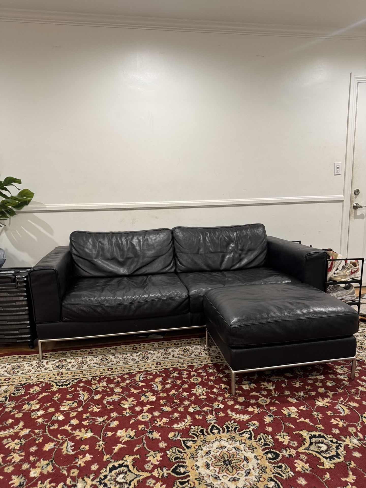 Vintage Italian Black Leather Sofa with Ottoman